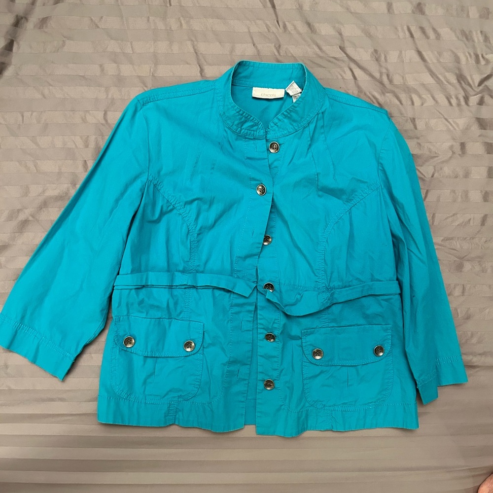 Chico's Aqua Blue Utility Jacket with Structured Shape and Drawstring Waist